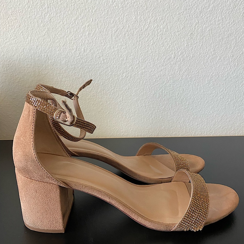 Tan block heels With rhinestones